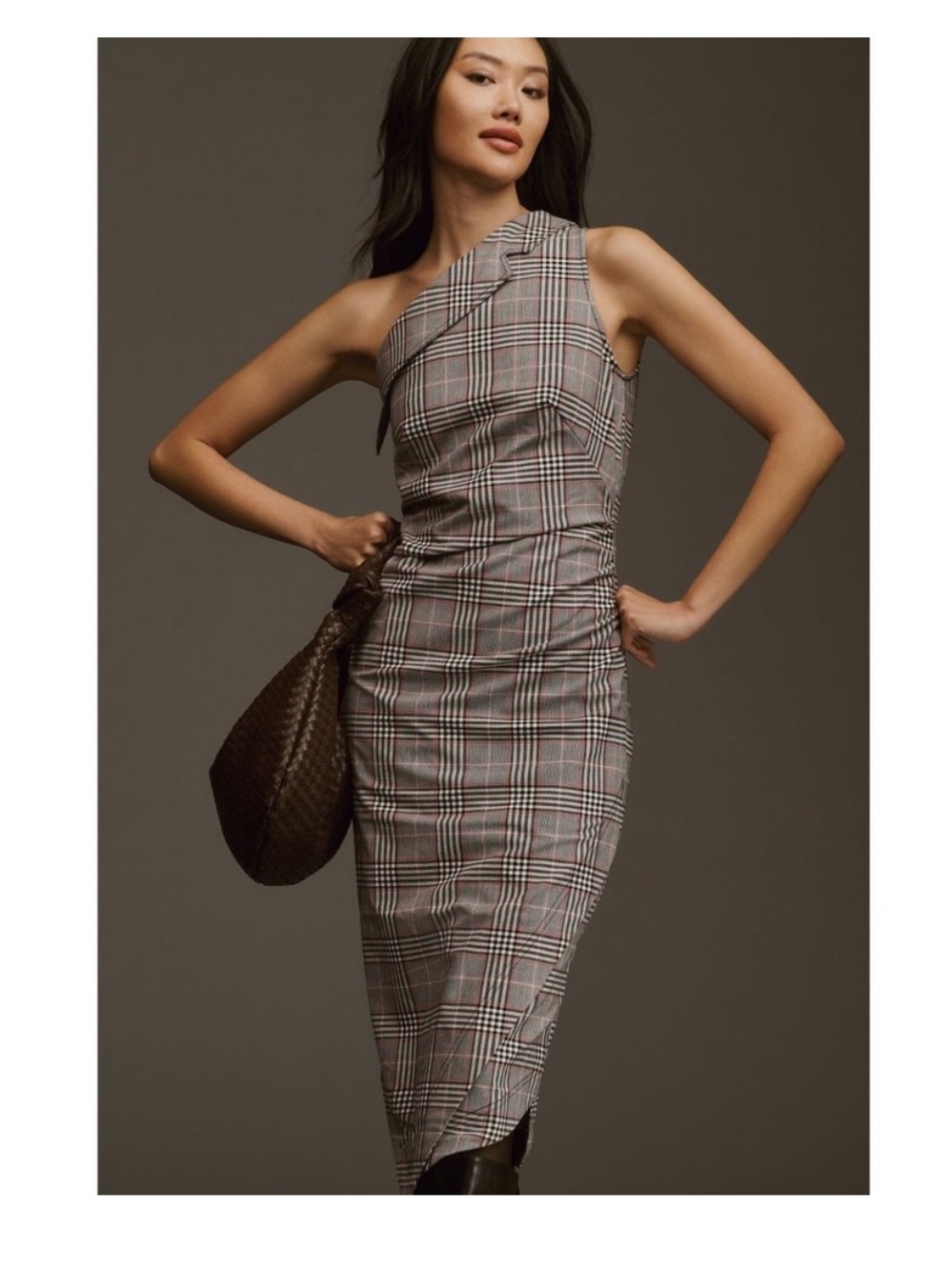 Maeve Anthropologie One Shoulder Plaid Sheath Dress Sz 10p Black White Ruched